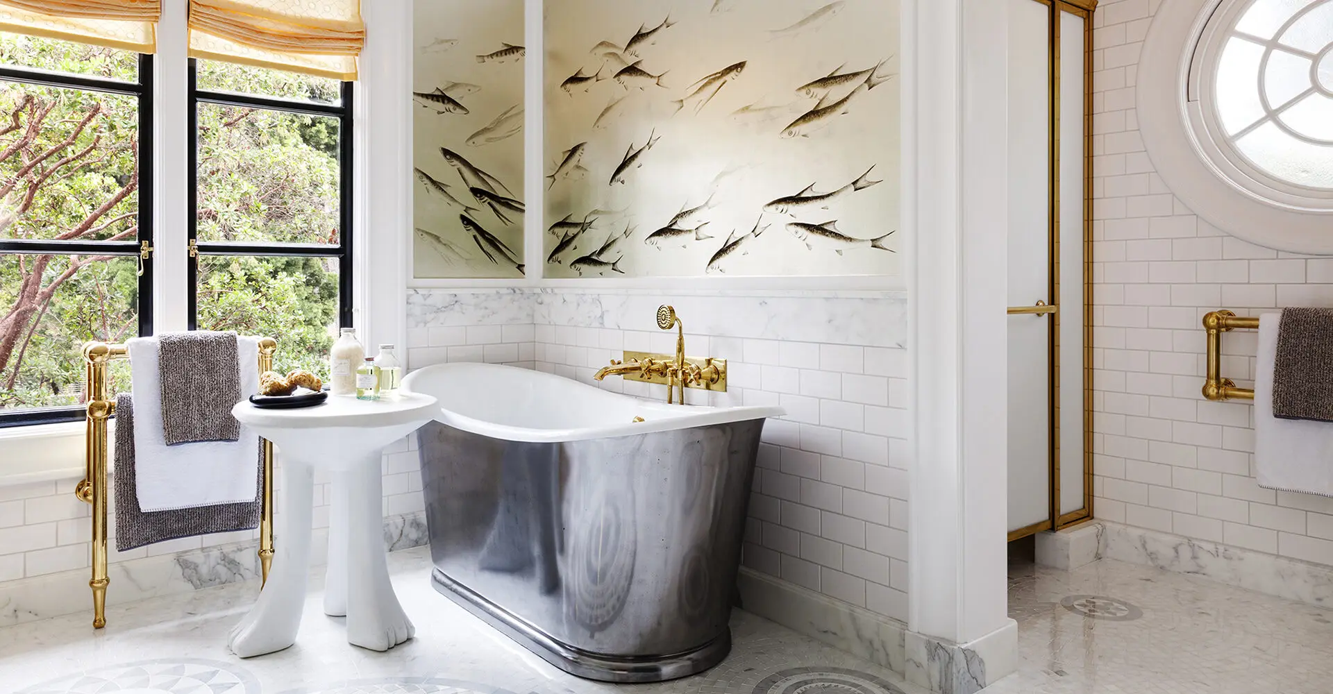 Master bathroom in Palo Alto home with bespoke bath filler by Samuel Heath