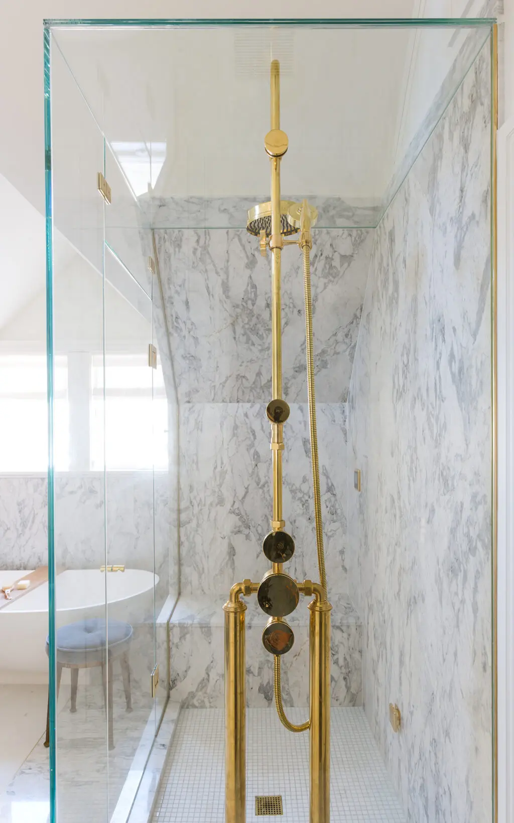 Style Moderne glass mounted shower configuration for Marie Flanigan Interiors