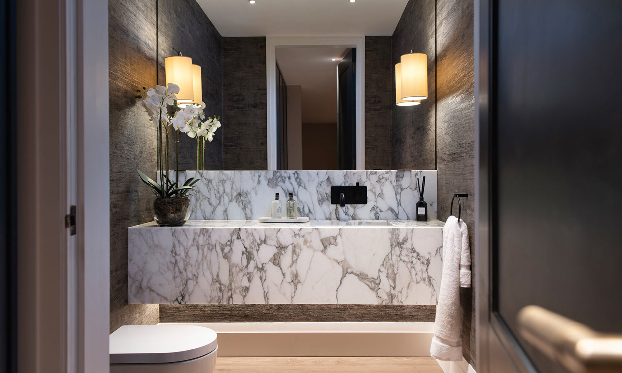 Bayswater Interiors Manor House powder room with Samuel Heath Landmark LMK Pure Basin Mixer in Matt Black Chrome